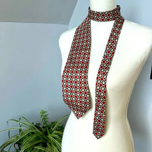 Pattinni Uomo Silk Tie USA‎ Union Made Tan Navy Red Geometric Square 3.75”